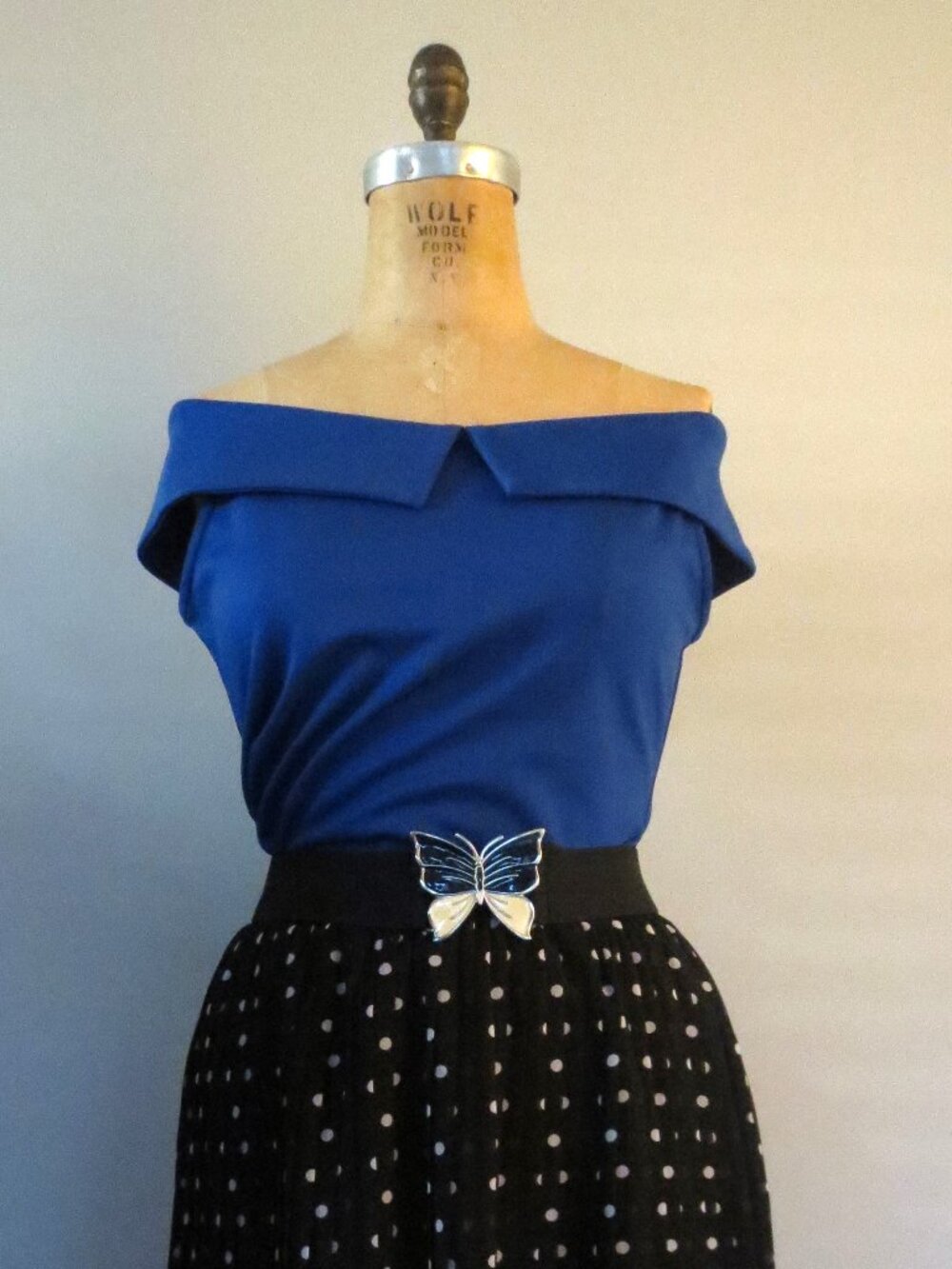 Unique Vintage 1950s Retro Blue Off-Shoulder Top - NWOT - Picture 7 of 9